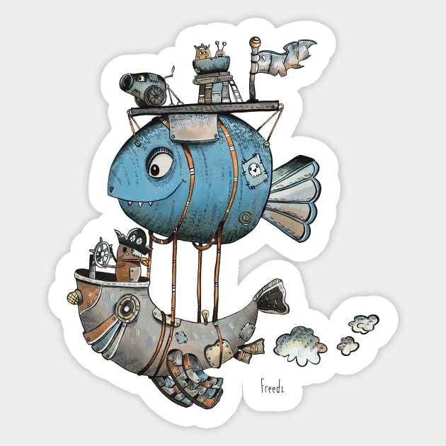 A robot-fish-zeppelin Sticker by freedzart